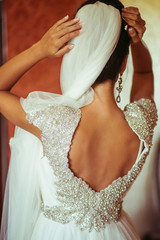 Bride poses in a dress with open back