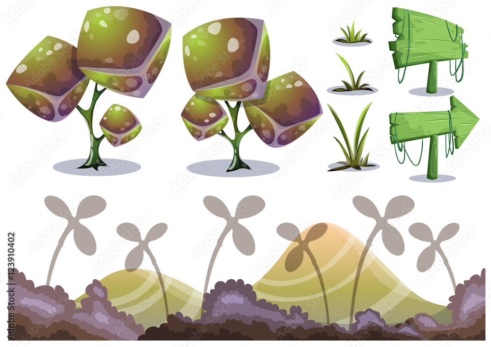 Poster cartoon vector nature landscape object with separated layers for game art and animation game design 