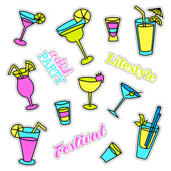 Pop art set with fashion patch badges. Cocktails. Stickers, pins, patches, quirky, handwritten notes collection. 80s-90s style. Trend. Vector illustration isolated. Vector clip art