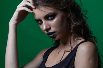 fashion, green, high, beautiful, young, woman, sexy, closeup, bright, model, makeup, portrait, girl, style, elegance, dark, skin, glamour
