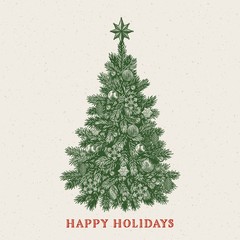 Christmas tree. Vintage greeting card with Happy Holidays inscription
