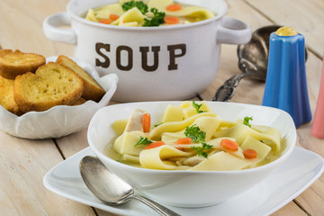 Fresh homemade chicken soup with noodles.