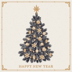 Christmas tree. Vintage greeting card with New Year inscription