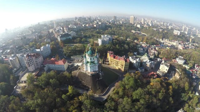 aerial view of the autumn Kiev, Podol, St. Andrew's church, raw