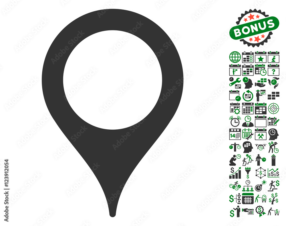 Aufkleber map pointer icon with bonus calendar and time service icon set. vector illustration style is flat ic