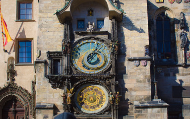 Fototapeta na wymiar Close up of Prague ancient famous astronomical clock, called orloj, with zodiac signs in the center of medieval Czech capital