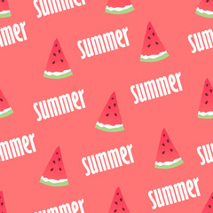 Seamless pattern with watermelon slices and the words summer. Vector background