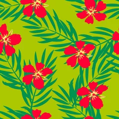 Gordijnen Tropical seamless pattern. Palm trees and hibiscus. Vector © yanabear