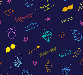 Vector seamless pattern with color old school tattoo elements. Hipster style