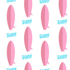 Seamless pattern with surfboards and text. Flat style. Vector