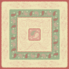 Design headscarf. The artwork in the style of Paisley. Square border of decorative elements Paisley.Vector image of template to print on fabric, textiles.