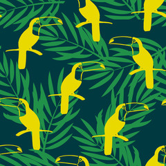 Seamless tropical pattern with toucans and palm sheets. Vector summer background