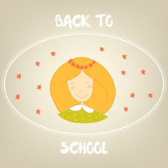 Girl in frame with flowers. Vector card. Back to school