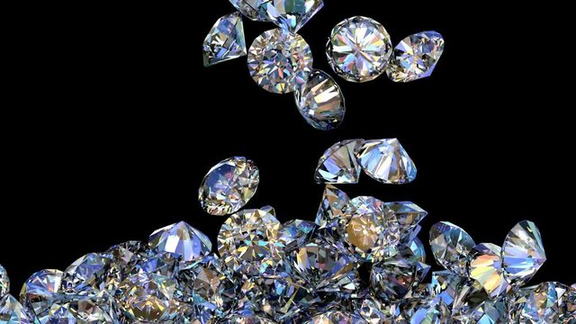 Precious diamonds are filling the screen 3D animation with alpha mask