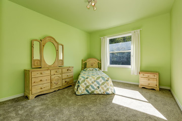 Green kid's bedroom with wooden carved furniture and gray carpet