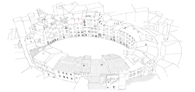 Urban sketch of oval city square in Lucca, Italy