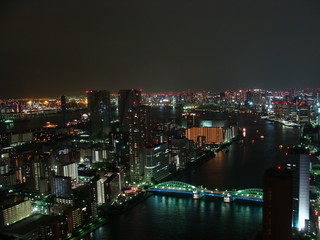 Fototapeta premium Nocna panorama miasta Tokio z drapaczami chmur i zatoki tokijskiej