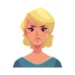 Pretty blond woman, angry facial expression, cartoon vector illustrations isolated on white background. Beautiful woman frowns, feeling distressed, frustrated, sullen, upset. Angry face expression