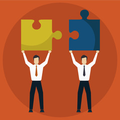 Flat style modern infographic business solution concept. Conceptual web illustration businessman and businesswoman characters connecting puzzle pieces.