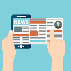 Online reading news. Vector illustration of online reading news using smartphone