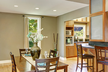 View of dining table set and bar stools