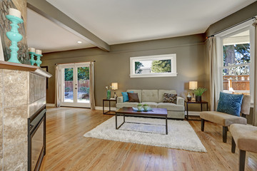 Open floor plan family room with and hardwood floor.