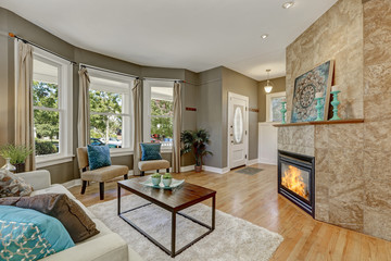 Open floor plan family room with fireplace