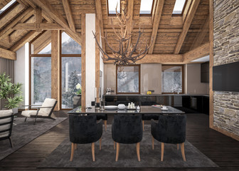 3D rendering of  living room of chalet