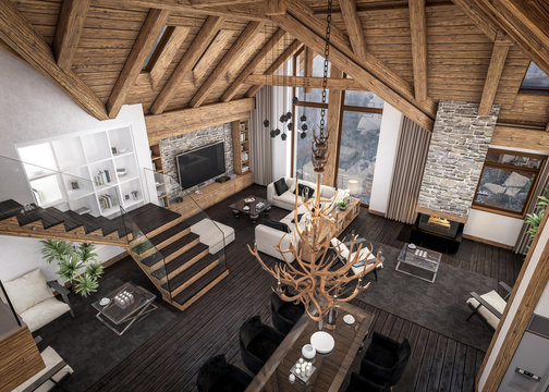 3D rendering of  living room of chalet