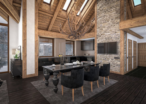 3D rendering of  living room of chalet