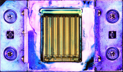 Printhead of color inkjet printer, smeared with ink.