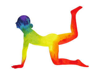 tiger pose yoga, 7 color chakra watercolor painting, hand drawn