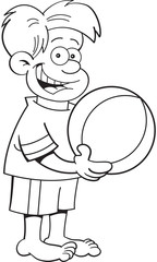 Black and white illustration of a boy holding a beach ball.