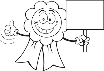 Black and white illustration of an award ribbon holding a sign.