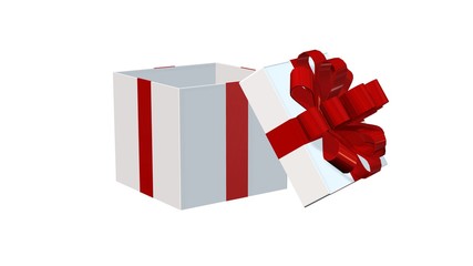 Present gift box for Christmas or birthday with red ribbons and open lid isolated on white