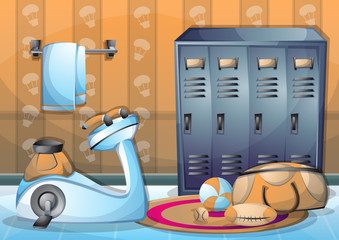 cartoon vector illustration interior fitness room with separated layers in 2d graphic