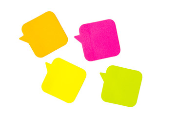 Colored sticky stickers in the form of messages. On white, isolated background.Top view. Flat lay.