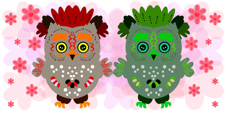 Two owls. Cute friends. Spring illustration