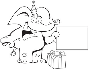 Black and white illustration of an elephant wearing a party hat and holding a sign.