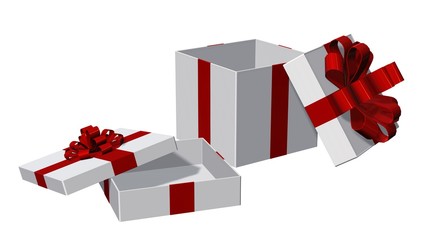 Present gift boxes for Christmas or birthday with red ribbons  isolated on white 