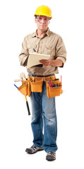Full-length construction worker contractor carpenter with clipboard isolated on white background