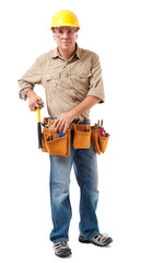 Full-length construction worker contractor carpenter isolated on white background
