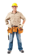 Full-length construction worker contractor carpenter isolated on white background