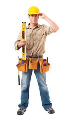 Full-length construction worker contractor carpenter isolated on white background