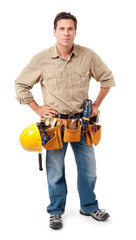 Full-length construction worker contractor carpenter isolated on white background