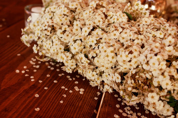 Tiny petals fall from the white flowers on the table