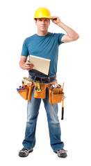 Full-length construction worker contractor carpenter tipping hard hat with clipboard isolated on white background