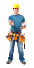 Full-length construction worker contractor carpenter offering hand to shake isolated on white background