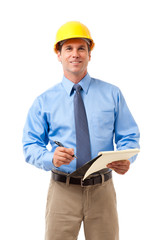 Business casual construction contractor businessman architect engineer in yellow hard hat with clipboard isolated on white background