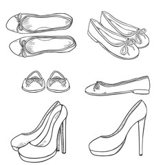 Vector Set of Sketch Women Shoes. Side, Front and Top View